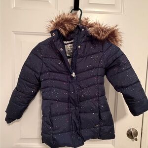 Children's Navy Puffer Jacket with Faux Fur Trim